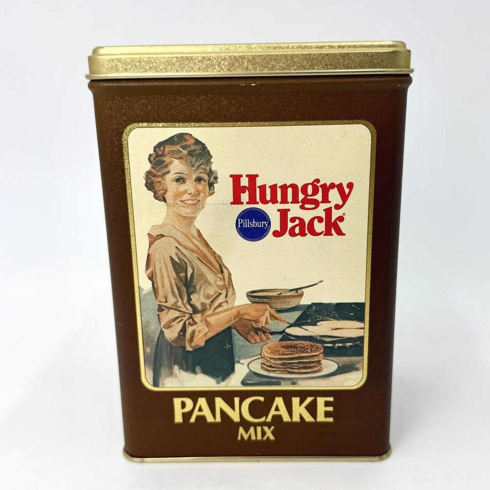 Vintage Pillsbury Hungry Jack Pancake Mix Metal Storage Tin Brown Gold